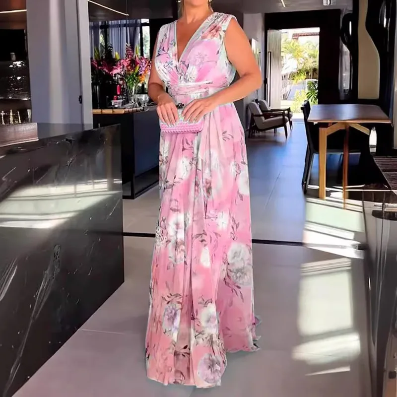 Spring Summer New Women's Clothing V-neck Sleeveless Printed Backless Large Swing Dress Hihg Waist Loose Dress - Image 4