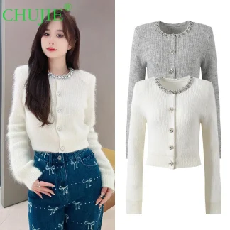 CHUJIE 2025 Autumn New French Socialite Design Heavy Embellished Collar Age-Reducing Versatile Elegant Knitted Sweater Niche