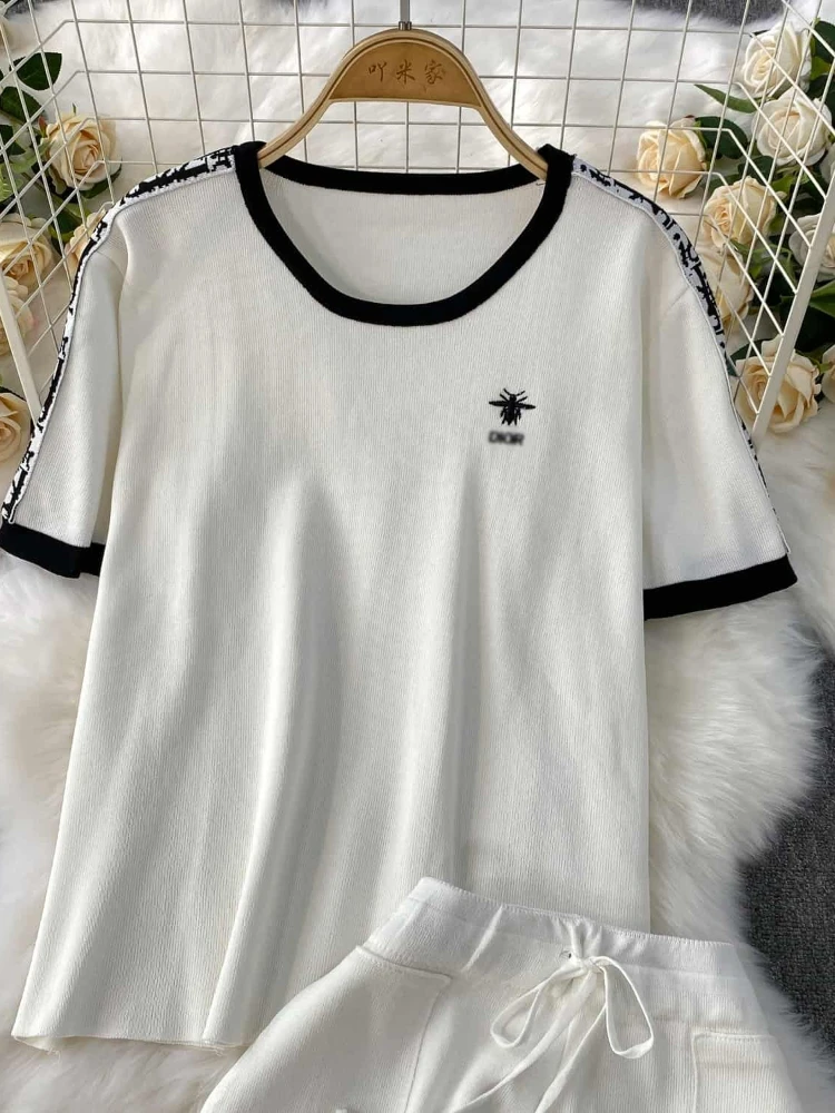 Korean style sports suit female summer short sleeved round neck T-shirt loose and slimming printed wide leg pants 2piece set - Image 6