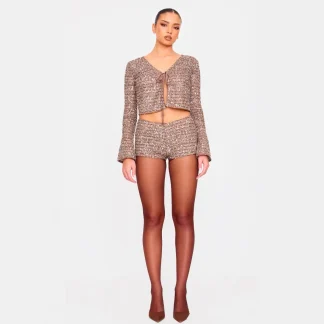 Sexy Slim Fit Sequin Knitted Long Sleeve Lace Up Top Casual Short Set Hot Girl Bodycon Mini 2025 Autumn Women's Fashion Set