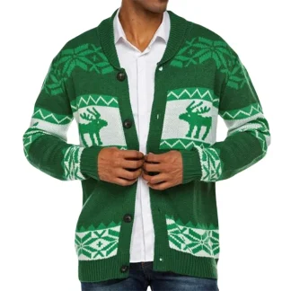 Men Christmas Cardigan Casual Long Sleeve Shawl Collar Reindeer Snowflake Print Sweater Knitted Tops