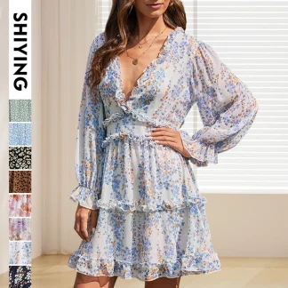 Sexy High-Waist Long-Sleeve Floral Print Chiffon Backless Dress Women's Street Style Comfortable Casual Cross-Border Skirt