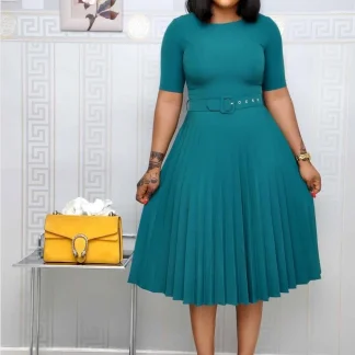CM.YAYA Summer Midi Pleated Dress Short Sleeve Office Lady Africa Sashes Women High Waist Elegant Dresses Vestidos