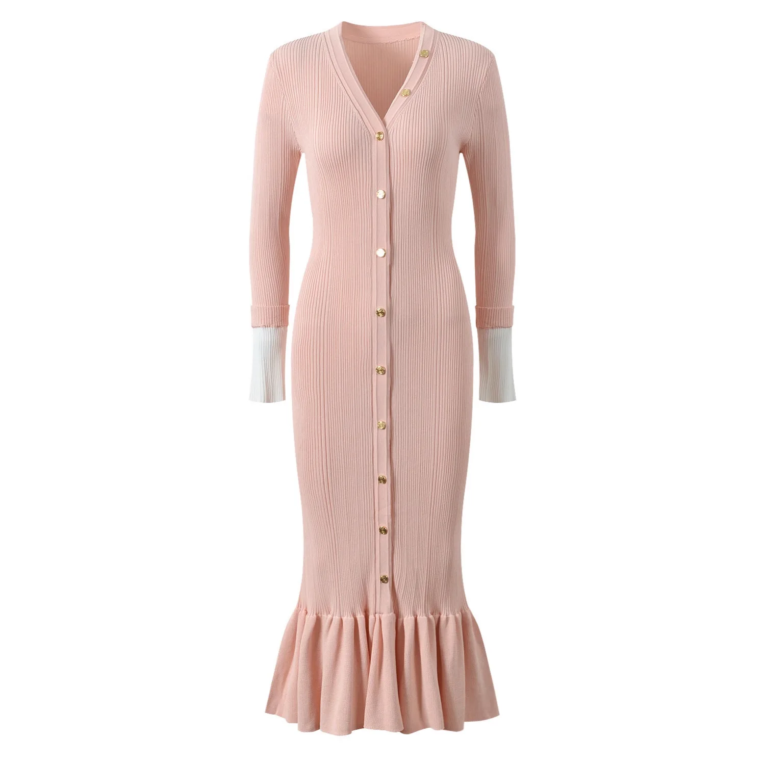 Slimming Long Sleeve V-Neck Knitted Dress Fish Tail Design High Waist Elegant Style Cross-Border Fashion Elegant Long Dress - Image 2