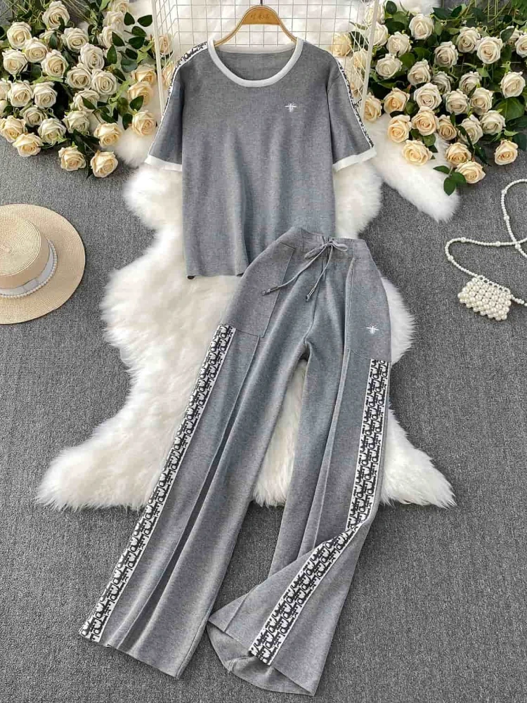 Korean style sports suit female summer short sleeved round neck T-shirt loose and slimming printed wide leg pants 2piece set - Image 5