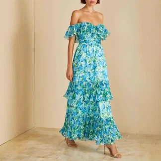 Elegant Fashionable Multi-Layered Strapless Chiffon Print Dress New Autumn Women's Clothing Short Sleeve Empire Waist Midi Dress