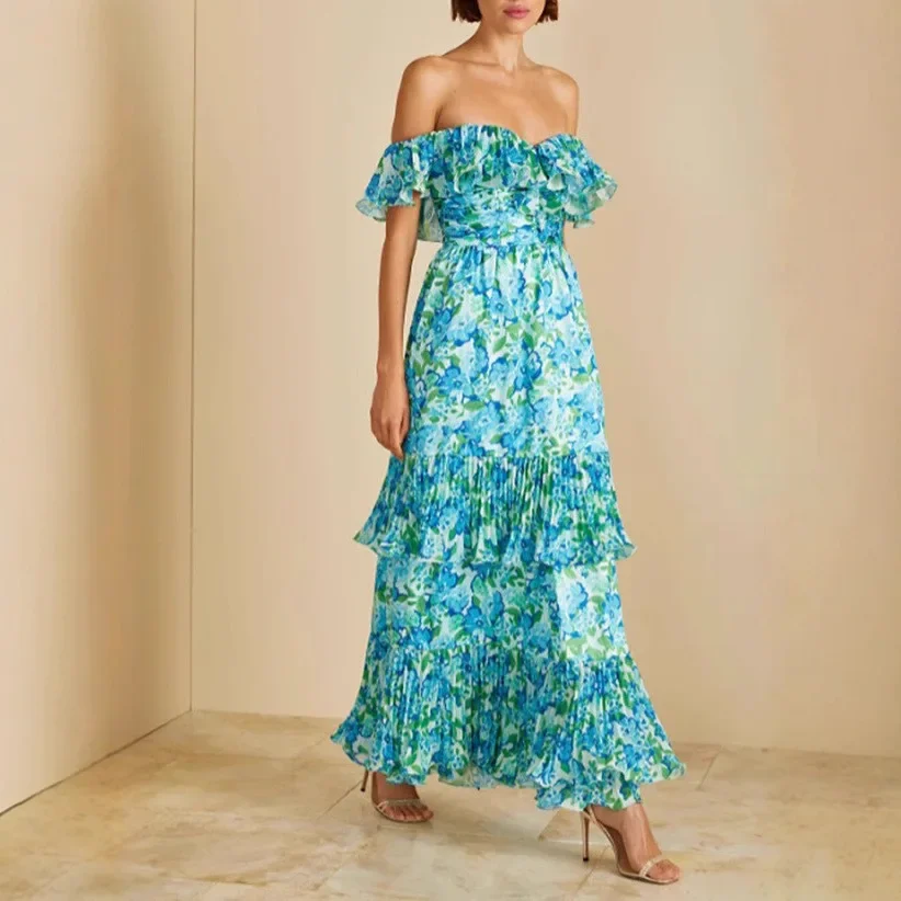 Elegant Fashionable Multi-Layered Strapless Chiffon Print Dress New Autumn Women's Clothing Short Sleeve Empire Waist Midi Dress