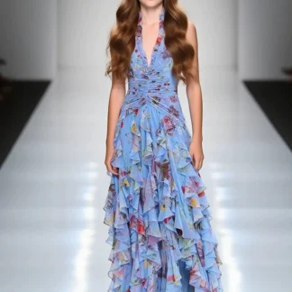 2025 Summer Fashionable Sexy Hanging Neck With Hollow Out Wrinkles For Slimming And Irregular Floral Long Dress