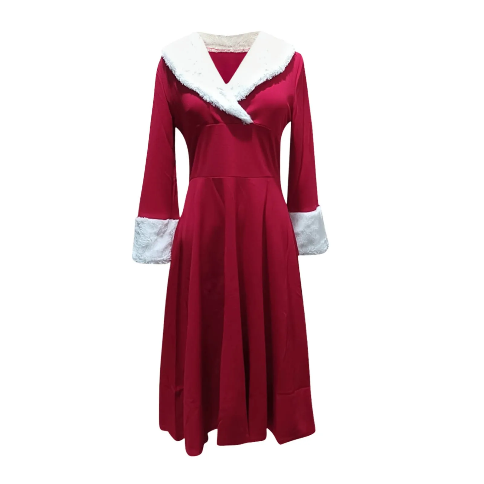 New Year Christmas Dress Women Christmas Sexy Costume Long Sleeve V Neck Plush Warm Party Pleated Elegant Tunic Swing Dresses - Image 2