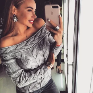 Shoulder Bared Long Sleeve Three-Strand Twist Sweater Elegant Style Knitted Pure Color Medium Thickness Loose Fit Commute Sui...