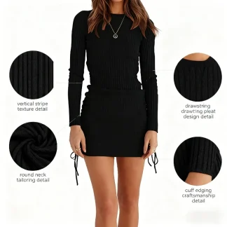 Women's Ribbed Knit Long Sleeve Mini Dress - Side Drawstring Ruched Bodycon Dress Casual Party Clubwear for Women