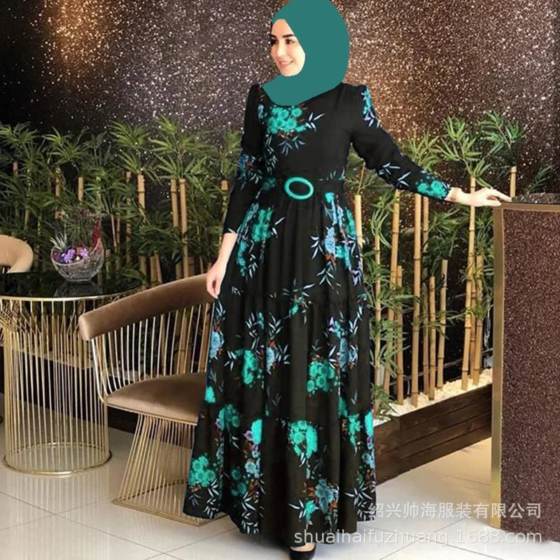 Muslim Vintage Print Dress for Women Elegant Abaya Ethnic Style Temperament Maxi Dress Turkish Kaftan Robe Belt Vestidos Femme