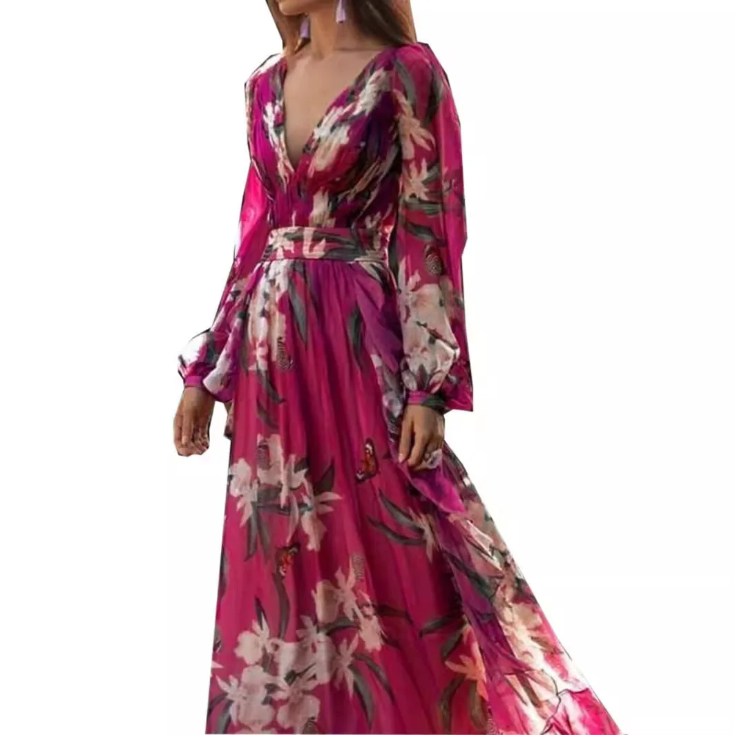 2025 Summer New Women's Fashion Casual Printing V-neck Long-sleeved Big Swing Skirt Temperament Dress Lady - Image 5