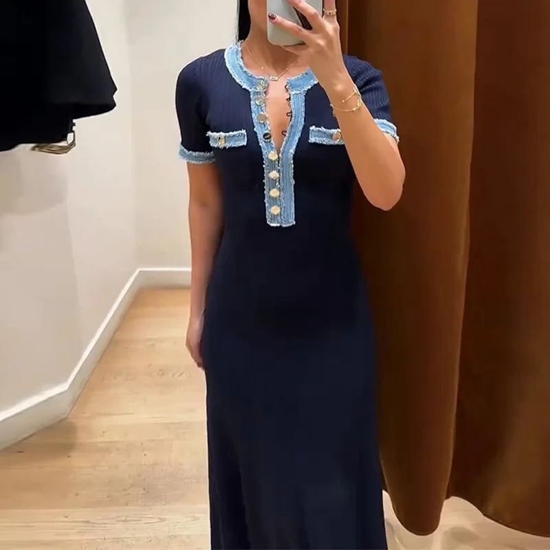 Elegant Long Kimono Dress Summer Denim Patchwork Knitted Dress Super Flared Skirt Button round Neck Dress Street Style Casual...