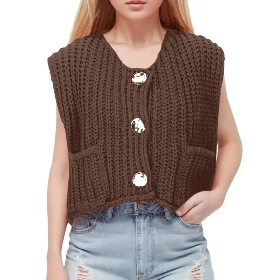 V-Neck Pocket Three-Button Sleeveless Open Cardigan Knitted Vest Women's Fashion Autumn Winter New Arrival Regular Fit - Image 4