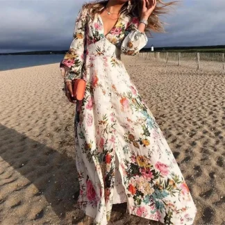 Vintage Bohemian Floral Printed Pleat Long Dress Casual V Neck High Waist Pullover Dress Elegant Lantern Long Sleeve Party Dress