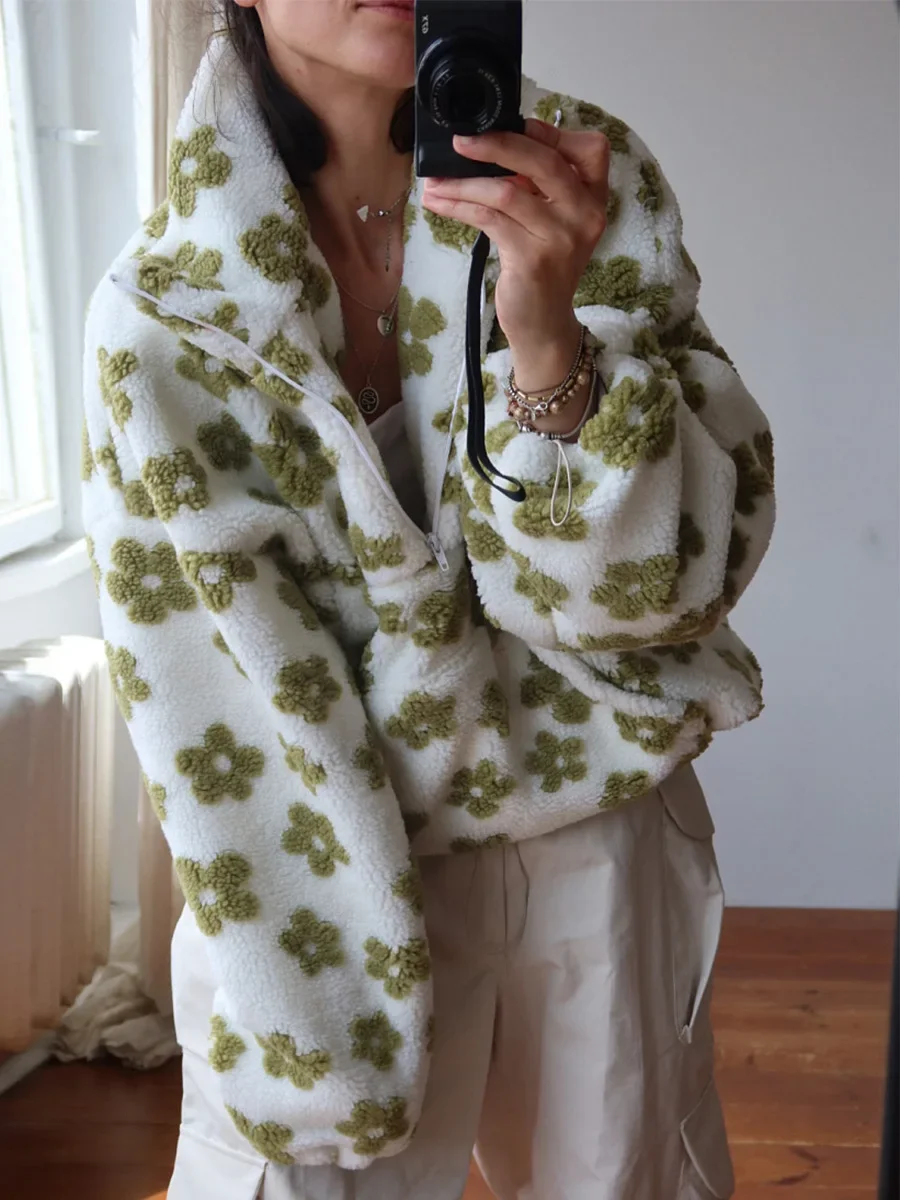 Blubelle New Autumn Winter Women's Sherpa Floral Pullover Hoodies Half Zip Style Loose Fit Warm Stylish Sweatshirt - Image 3