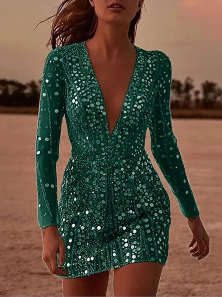 2025 Women's Deep V-neck Sequin Mini Dress Fashion Elegant Evening Dresses Temperament See Through Lace Long Sleeve Vestidos - Image 4