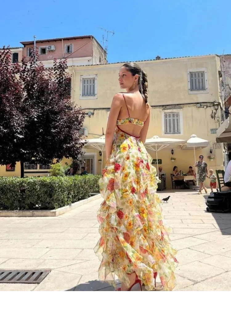 Pink Floral Print Spaghetti Strap Ruffled Hem Maxi Dress Women V-neck Robe 2025 New Summer Party Leisure Event Lady Vestidos - Image 3