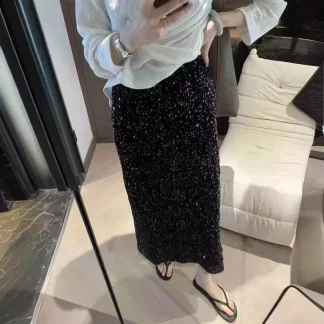 Women's fashionable high waist slimming sequin skirt with elastic waistband and back stretch straight tube long skirt for women
