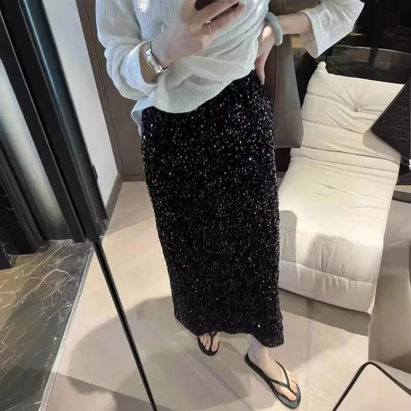 Women's fashionable high waist slimming sequin skirt with elastic waistband and back stretch straight tube long skirt for women