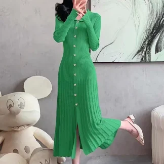 Cross-Border New Style Polo Collar Knitted Dress Commute Vintage Design Sense Slit Long Skirt Regular Sleeve Length Short