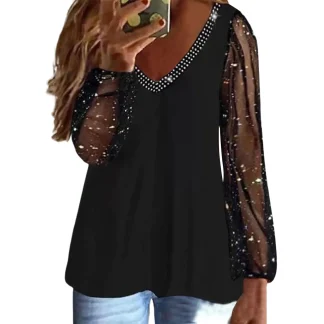 Elegant Women Plus Size T-Shirts Lace Glitter Mesh Long Sleeve V-Neck Tops Club Party Wear Rhinestone Casual Tees Blouse