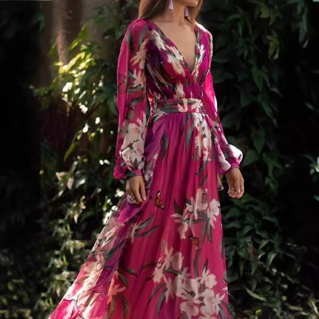 2025 Summer New Women's Fashion Casual Printing V-neck Long-sleeved Big Swing Skirt Temperament Dress Lady - Image 2