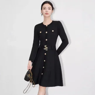 Black Knitted Long Sleeve round Neck Dress Elegant Polyester Fiber High Waist Belted Autumn New Style Fashionable Midi Dress