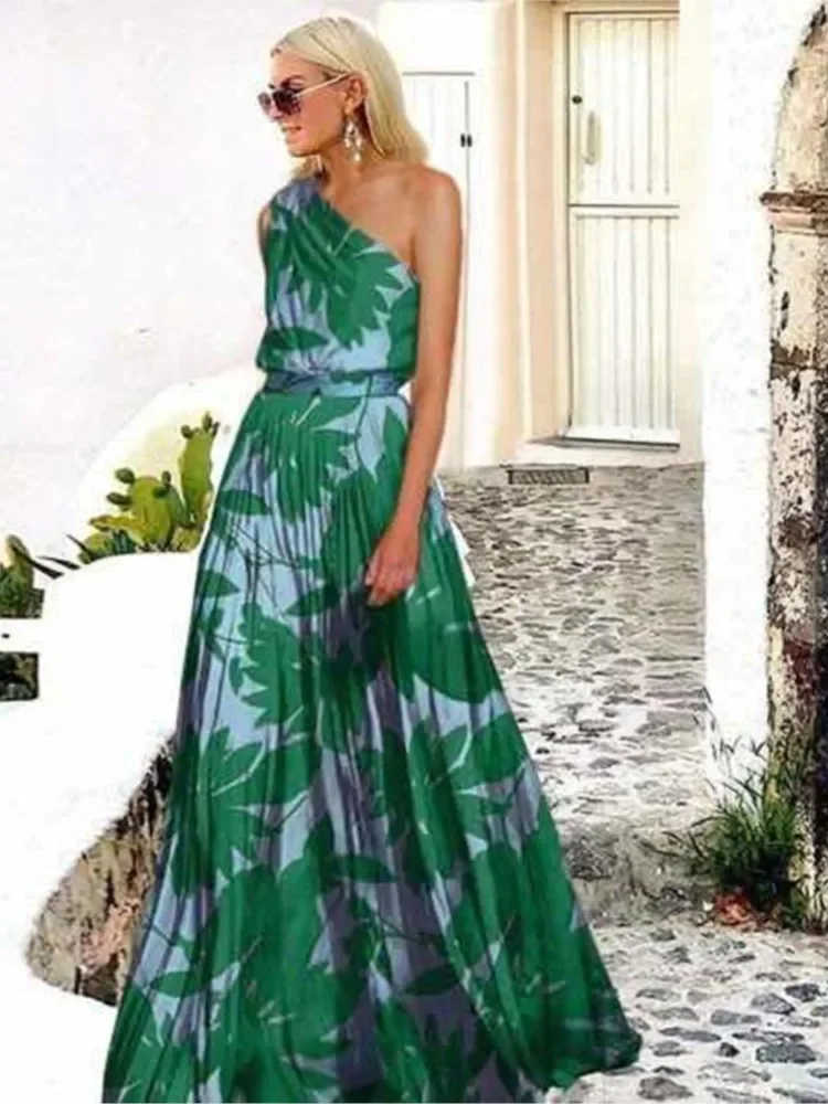 Spring Summer New One Shoulder Dresses Women Splicing Print Off Shoulder Loose Long Dress Fashion Ladies Commuting Vestidos - Image 4