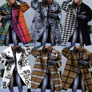 New 2025 Spring Autumn Women's Overcoats Matching Plaid Long Sleeve Lapel Coat Printed Woolen Coat Women Clothes Female Coats