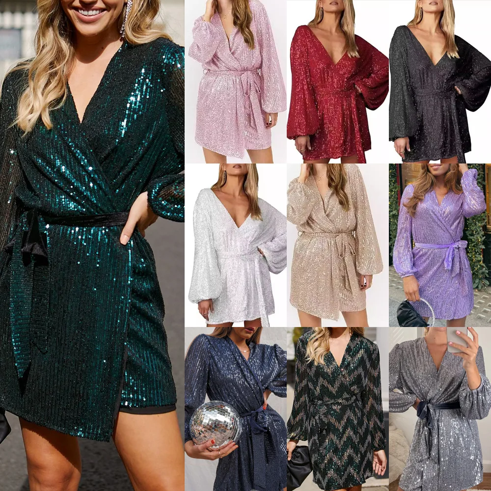 New Sequined V-neck Long-sleeved Bubble Sleeves Glitter Party Wrap Skirt Mini Sparkle Party Skirt Slim And Thin Women's Clothing - Image 2