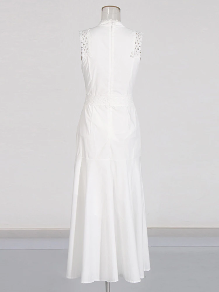 Solid Hollow Out Casual Dresses For Women Stand Collar Sleeveless High Waist Minimalist A Line Dress Female Style - Image 4