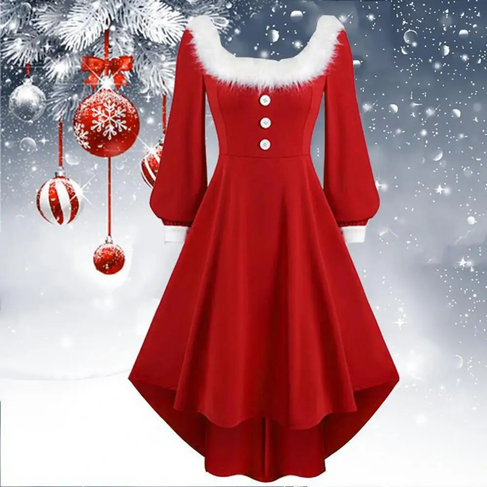 Women Holiday Red Dress Christmas Performance Dress Square Neck White Ripped Edges Dress Santa Cosplay Outfit Women Maxi Dresses - Image 3