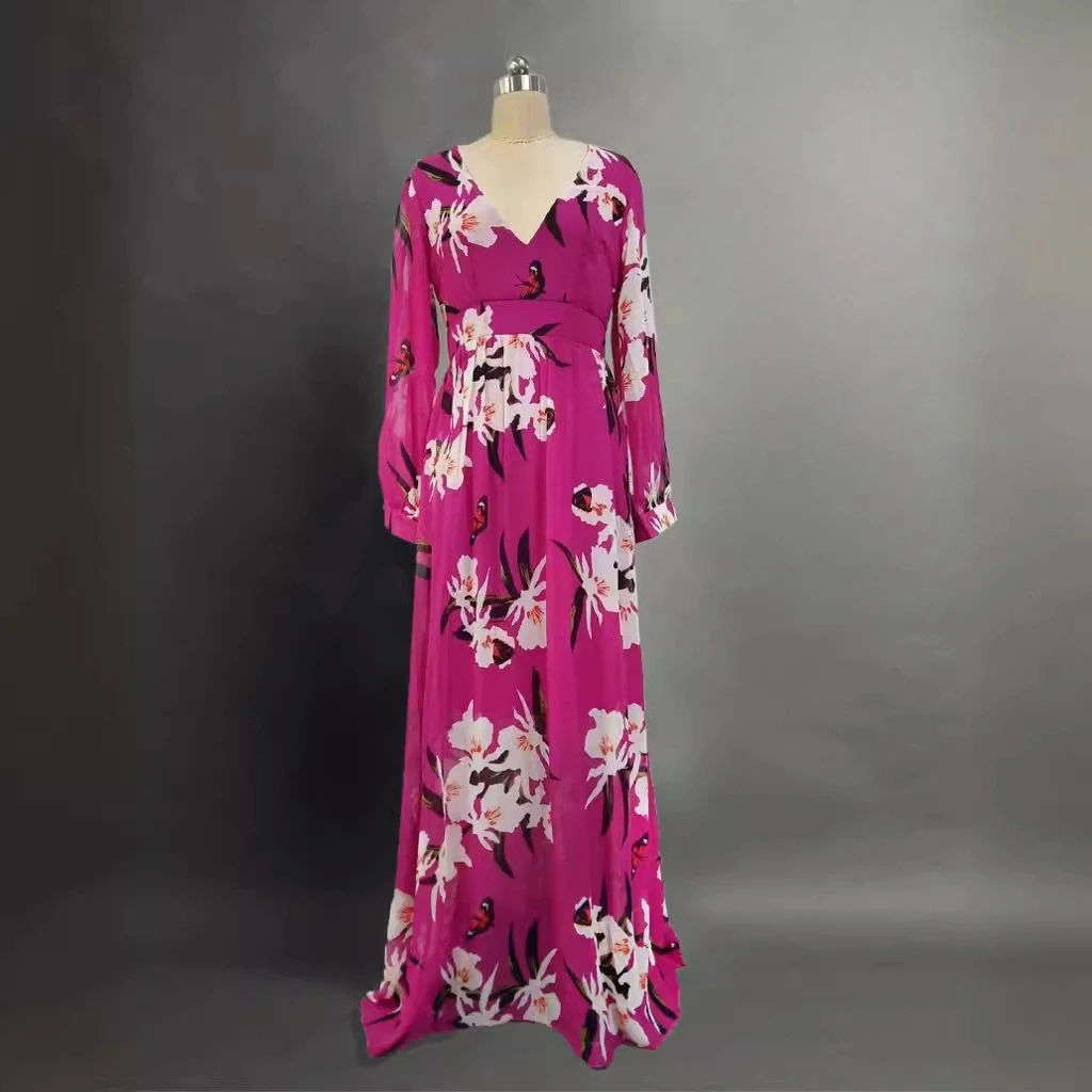 2025 Summer New Women's Fashion Casual Printing V-neck Long-sleeved Big Swing Skirt Temperament Dress Lady - Image 3