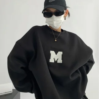 2025Retro American Grey Crew Neck Sweatshirt Women Oversize Spring Autumn Loose Shoulder Top Full Sleeve Cotton Thickened Winter