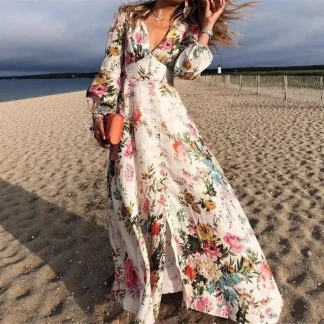 Floral Print Dress Fashionable Sexy Deep V-long Sleeved Spring Autumn Women's Clothing Single Breasted Dress Vestidos Para Mujer