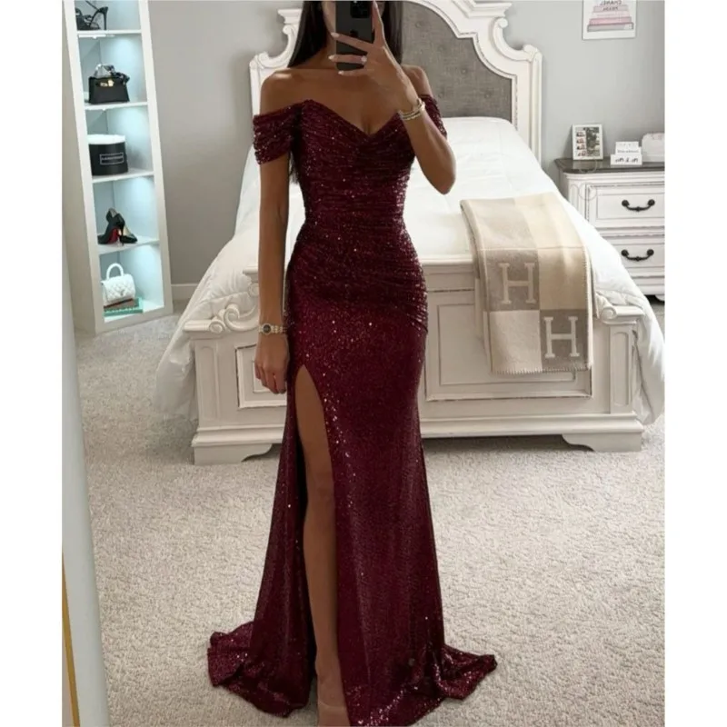 Women's Sexy Party Maxi Dress Summer New Sequined One-line Collar Slit Casual Fashion Prom Eveging Dresses For Women Robe Femme - Image 3