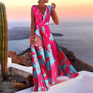 Elegant Party Long Dress For Women Summer Boho Printed Sleeveless High Waist Beach Dress Sexy V-Neck Maxi Dress Femme