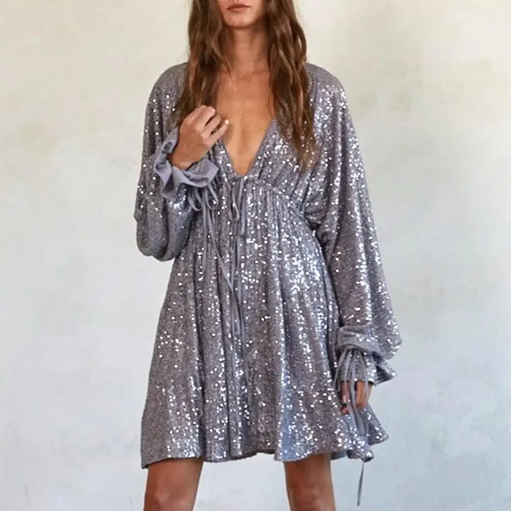 Women Sequin Dress Shimmering Deep V Neck Lady Party Dress Solid Color Long Sleeve Bow Lace-up Strap Loose Dress for Dating - Image 2