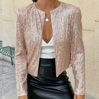 Elegant Chic Blazer Shining Sequins Short Coat New Fashion Long O-neck Cardigan Jacket Open Front Outwear Female Clothing