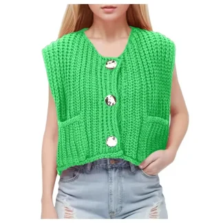 V-Neck Pocket Three-Button Sleeveless Open Cardigan Knitted Vest Women's Fashion Autumn Winter New Arrival Regular Fit