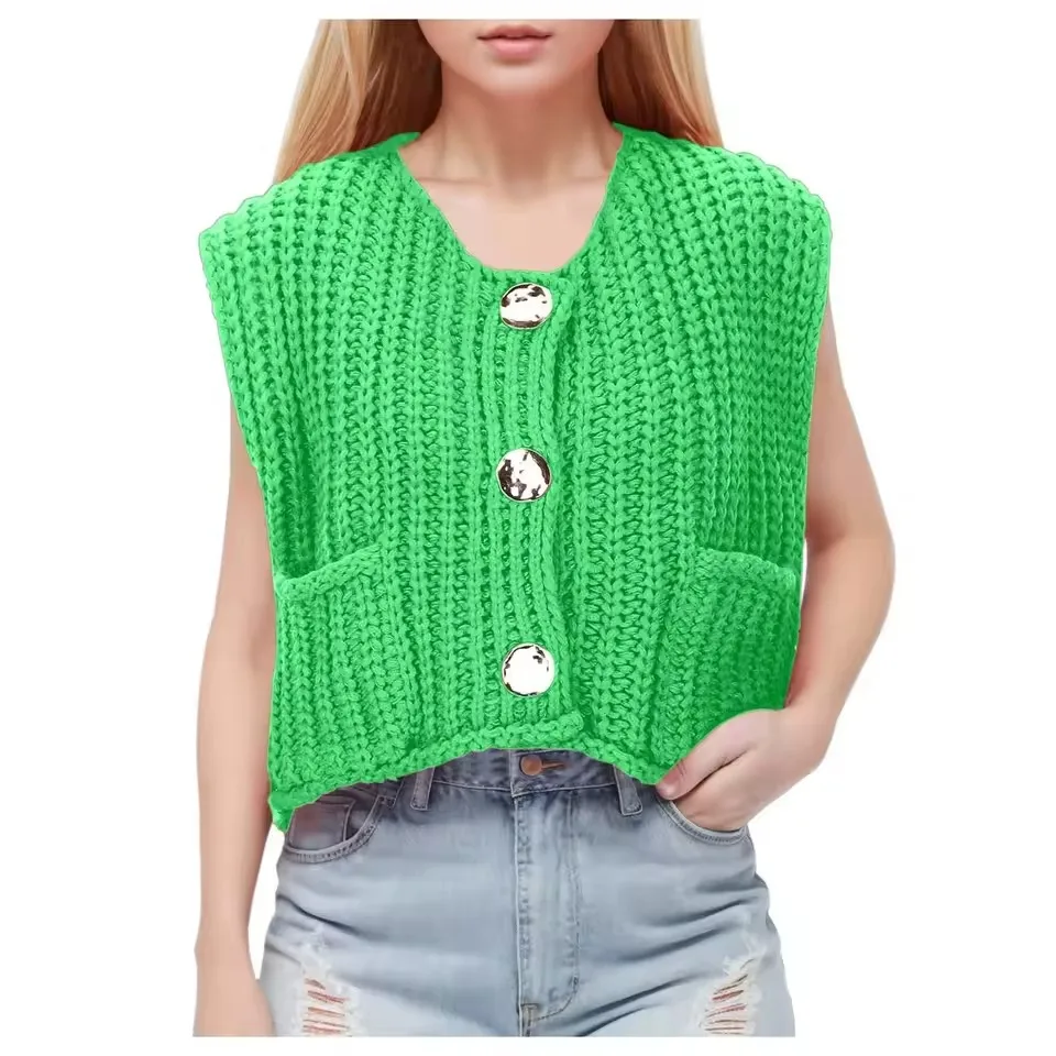 V-Neck Pocket Three-Button Sleeveless Open Cardigan Knitted Vest Women's Fashion Autumn Winter New Arrival Regular Fit