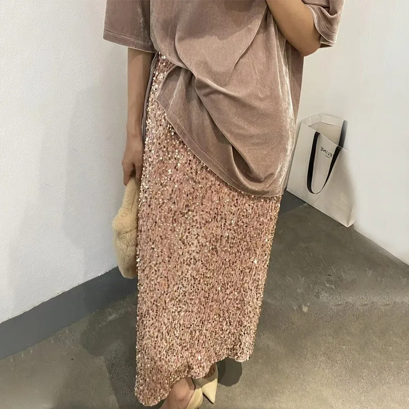 Women's fashionable high waist slimming sequin skirt with elastic waistband and back stretch straight tube long skirt for women - Image 4