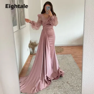 Eightale Emerald Green Mermaid Evening Dresses V-Neck Glitter Prom Gown Long Puffy Sleeves Satin Customized Wedding Party Dress