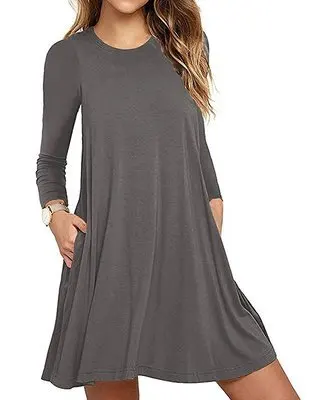 Womens Autumn Long Sleeve Round Neck Plain T-Shirt Dress Solid Color Pleated Swing Casual Loose Pullover Streetwear with Pockets - Image 5