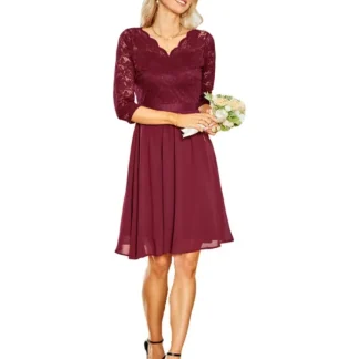 2024 New Lace Women Party Evening Elegant Dress Scalloped V-Neck 3/4 Length Sleeve High Waist Vintage Dresses Celebrity Cocktail