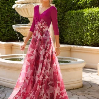 Elegant Floral A-Line Floor Length Formal Dress Chiffon Wedding Guest Dress 3/4 Sleeve Flower Embellishment 2025 Free Customized