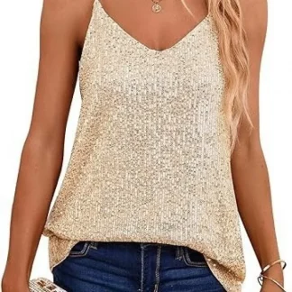2024 New Style European and American Loose-Fit Sequins V-Neck Sleeveless Casual Sequins Deep V Tank Top Women's Shirt