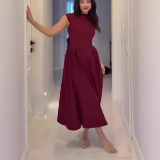 Elegant Solid Sleeveless Backless Maxi Evening Prom Dress Women O-neck High Waist Pleated Party Dress New 2025 Beach Long Dress